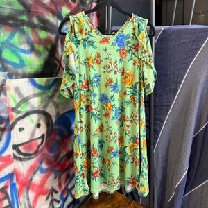 Nostalgia Green Floral Cold Shoulder Ruffle Swing Dress Large NEW Boho Flowy
